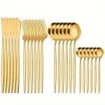 Elegant 24PCS Golden Stainless Steel Cutlery Set - Includes Steak Knives Salad Forks Soup & Dessert Spoons - Perfect For Kitchen