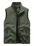Zipper Pockets Cargo Vest Men's Casual Outwear Stand Collar Zip Up Vest For Spring Summer Outdoor Fishing Photography