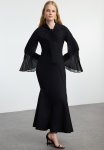 Black Embroidered Chiffon Sleeve Evening Dress