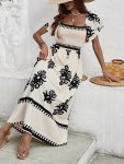 Vintage Graphic Print Shirred Dress Elegant Layered Ruffle Trim Square Neck Aline Dress For Spring & Summer Women's Clothing
