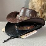 Unisex Western Cowboy Hat Vintage Adjustable Rider Cap With Flat Top Distressed Leather Jazz Hat With Hat Rest