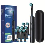 Rechargeable Rotating Electric Toothbrush For Adults With 8 Replacement Brush Heads Travel Case Fast Cleaning Mode USB Charging