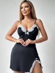LaCie Lace Stitching Side Split Nightdress Elegant V Neck Bow Tie Spaghetti Strap Sleep Dress Women's Sleepwear & Dresses