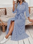 Striped Button Front Shirt Dress Elegant 3/4 Sleeve Tie Waist A-line Maxi Dress For Spring & Fall Women's Clothing