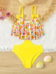 Girls Splicing Flower Graphic Bow Decor 1-PIECE Swimwear Summer Clothes Beach Vacation Gift