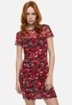 Gathered Mesh Bodycon Dress - Red floral
