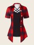 Plaid Print Mixed Media Blouse Casual Short Sleeve Crisscross Neck Asymmetric Hem Top For Spring & Summer Women's Clothing