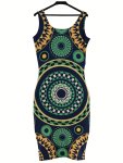 Mandala Print Bodycon Dress Scoop Neck Split Back Dress For Summer Women's Clothing