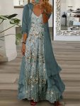Elegant Two Piece Set Long Sleeve Open Front Cover Up & Floral Print V-neck Cami Dress For Spring & Summer Women's Clothing
