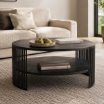 Black Acacia Round Coffee Table With Steel Slat Frame