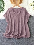 Plus Size Solid Color Hollow Out Top Casual V Neck Short Sleeve Top For Spring & Summer Women's Plus Size Clothing