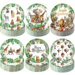 Gerrii 60 Pcs Wild Animals Themed Party Plates 7 Inch Happy Birthday Disposable Paper Plates Zoo Party Decorative Dessert Dinner