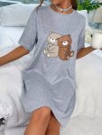 Women's Cute Bear Print Sleepwear Dress Short Sleeve Round Neck Tee Dress Comfortable Nightgown