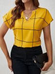 Plaid Print Notched Neck Blouse Casual Short Sleeve Blouse For Spring & Summer Women's Clothing