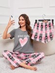 Heart & Plaid Print Pajama Set Casual Short Sleeve Round Neck Top & Shorts & Pants Women's Sleepwear