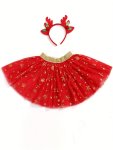 Girls Stylish Stage Performance Allover Golden Snowflakes Applique Mesh Tutu Skirt