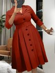 Single Breasted Three-quarter Sleeve Dress Stylish Solid Lapel Collar Belted A-line Dress For Spring & Fall Women's Clothing