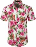 Jogal Men's Flower Casual Short Sleeve Aloha Hawaiian Shirt Medium White