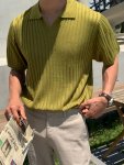 Men's Stripe Pattern Sweater Casual Breathable Medium Stretch Short Sleeve Knitted Top For Summer