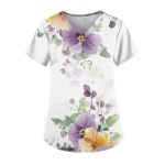 Scrubs For Women V Neck Short Sleeve Printed Tops Cartoon Pattern Plus Size Nursing With Pockets White M