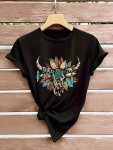 Cow Head Print Crew Neck T-Shirt Casual Short Sleeve T-Shirt For Spring & Summer Women's Clothing