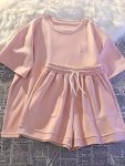 2PCS Cotton MINI Rabbit Embroidery Solid Color Short Sleeve Crew Neck T-Shirt + Drawstrings Shorts Set For Girls Casual And Tren