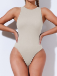 Ribbed Sleeveless Bodysuit - Beige - Medium