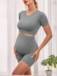 2PCS Pregnant Women's Sportswear High Stretch Breathable Short Sleeve Top & Comfy High Waist Tummy Support Maternity Shorts For