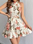 Floral Print Ruffle Hem Dress Elegant Belted Sleeveless Halter Dress For Spring & Summer Women's Clothing