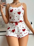 Heart Print Cute Casual Shorts Set Cami Top & Bow Decor Elastic Waist Shorts Outfits For Summer Women's Clothing