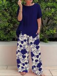 Plus Size Casual Two-piece Set Solid Crew Neck Short Sleeve Top & Floral Print Pants Outfits Women's Plus Size Clothing