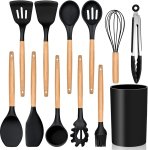Premium 12-PIECE Black Silicone Kitchen Utensil Set With Wooden Handles Stylish Heat-resistant & Non-stick Safe Silicone Ladle B