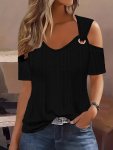 Eyelet Cold Shoulder V-neck T-Shirt Casual Ring Decor Short Sleeve Top For Spring & Summer Women's Clothing