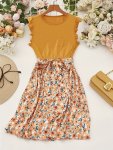 Ruffle Hem Tie Waist Dress Elegant Crew Neck Floral Patchwork Print Ruched Dress For Summer Women's Clothing