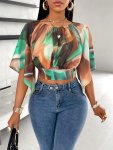 Abstract Print Tie Back Crop Blouse Elegant Flare Sleeve Crop Blouse For Spring & Summer Women's Clothing