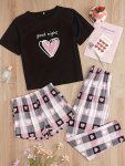 Women's Heart & Plaid & Slogan Print Casual Pajama Set Short Sleeve Round Neck Top & Shorts & Pants Comfortable Relaxed Fit