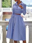 Striped Print Two-piece Skirt Set Crop Button Front Top & Ruffle Hem Swing Skirt Outfits Women's Clothing
