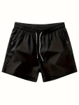 Men's Solid Shorts With Zipper Pockets Active Elastic Waist Drawstring Shorts For Summer