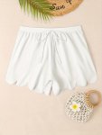 Scallop Trim Bow Tie Plain Swimsuit Bottoms High Waist Stretchy Boxer Shorts Women's Swimwear & Clothing
