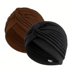 2PCS SET Forehead Crisscross Turban Hats Solid Color Pleated Chemo Hats Elastic Lightweight Sleeping Caps For Women