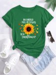 Sunflower & Letter Print Crew Neck T-Shirt Casual Short Sleeve T-Shirt For Spring & Summer Women's Clothing