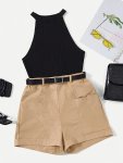 Solid Color Casual Shorts Set Halter Neck Sleeveless Knitted Tank Top & Elastic Waist Pocket Design Shorts Outfits Women's Cloth