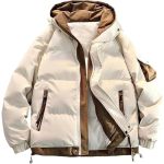 Men's Fashion Two-tone Puffer Jacket Hooded Down Coat With Contrast Lining Water-resistant Quilted Winter Outerwear White Small