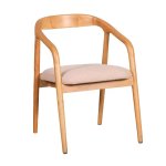 Curved Acacia Wood Dining Chair With Beige Fabric Seat