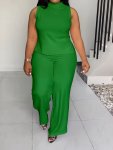 Plus Size Solid Two-piece Set Stylish Mock Neck Sleeveless Top & Pants Outfits Women's Plus Size Clothing