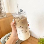350ML Square Glass Coffee Mug With Lid & Straw - Heat Resistant Transparent Drinkware For Iced Coffee Milk Beer - Perfect For Ki