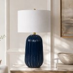 Pepino Ceramic Navy Lamp - White Scallop Linen Shade - White Drum Linen
