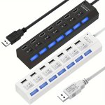 1PC 7 Ports 4 Ports LED USB 2.0 Adapter Hub Power On off Switch For PC Laptop Computer