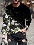 Camouflage And Geometric Pattern Crew Neck And Long Sleeve T-Shirt Spring And Fall Fashion Tops For Men's Casual And Sports Wear