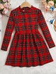 Girls Festive & Stylish Long Sleeve Plaid Dress For Spring & Fall As Christmas Gifts